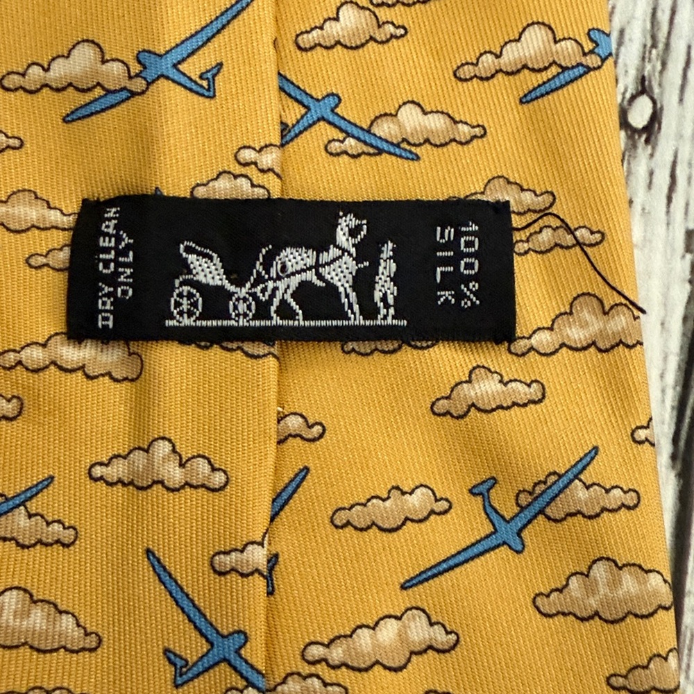 Hermes Yellow Airplane Cloud Printed Silk Tie - Picture 4 of 5